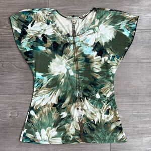 NWOT Y2K Green Floral Flutter Sleeve Top With Gold Necklace Vintage Suzie Size S